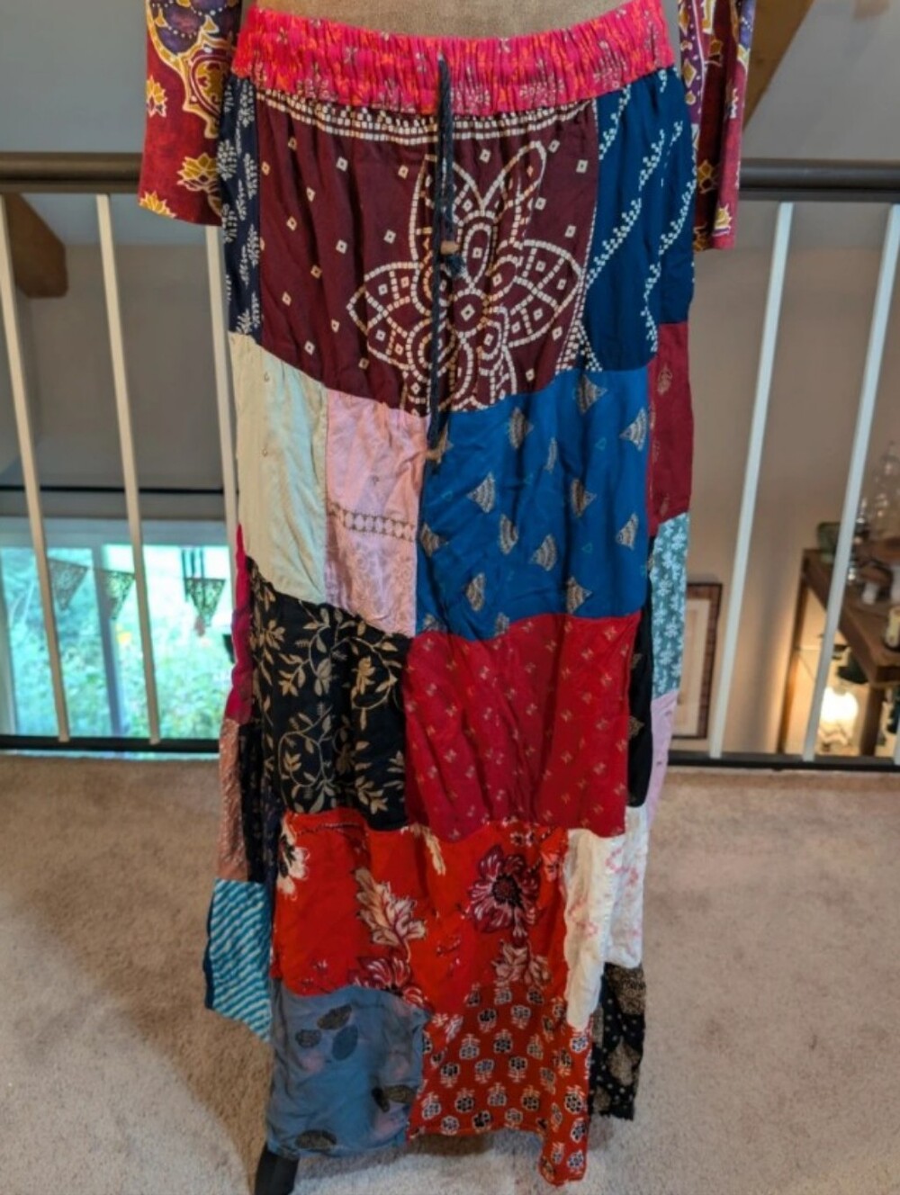 India Blue Patchwork Maxi Skirt, One Size Boho Hippie Festival 100% Cotton